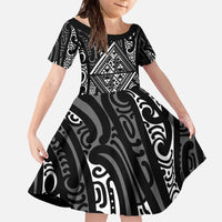 New Zealand Maori Taniko Family Matching Off The Shoulder Long Sleeve Dress and Hawaiian Shirt Black Kowhaiwhai Puhoro