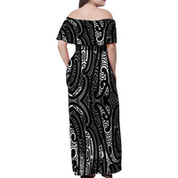 New Zealand Maori Taniko Family Matching Off Shoulder Maxi Dress and Hawaiian Shirt Black Kowhaiwhai Puhoro