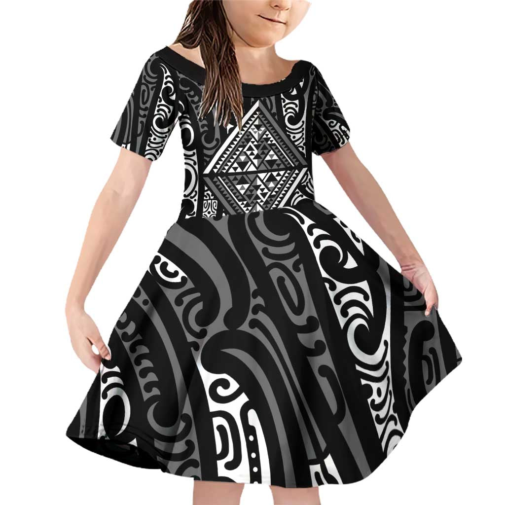 New Zealand Maori Taniko Family Matching Off Shoulder Short Dress and Hawaiian Shirt Black Kowhaiwhai Puhoro