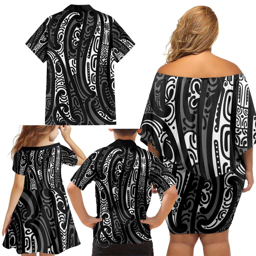 New Zealand Maori Taniko Family Matching Off Shoulder Short Dress and Hawaiian Shirt Black Kowhaiwhai Puhoro