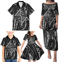 New Zealand Maori Taniko Family Matching Puletasi and Hawaiian Shirt Black Kowhaiwhai Puhoro