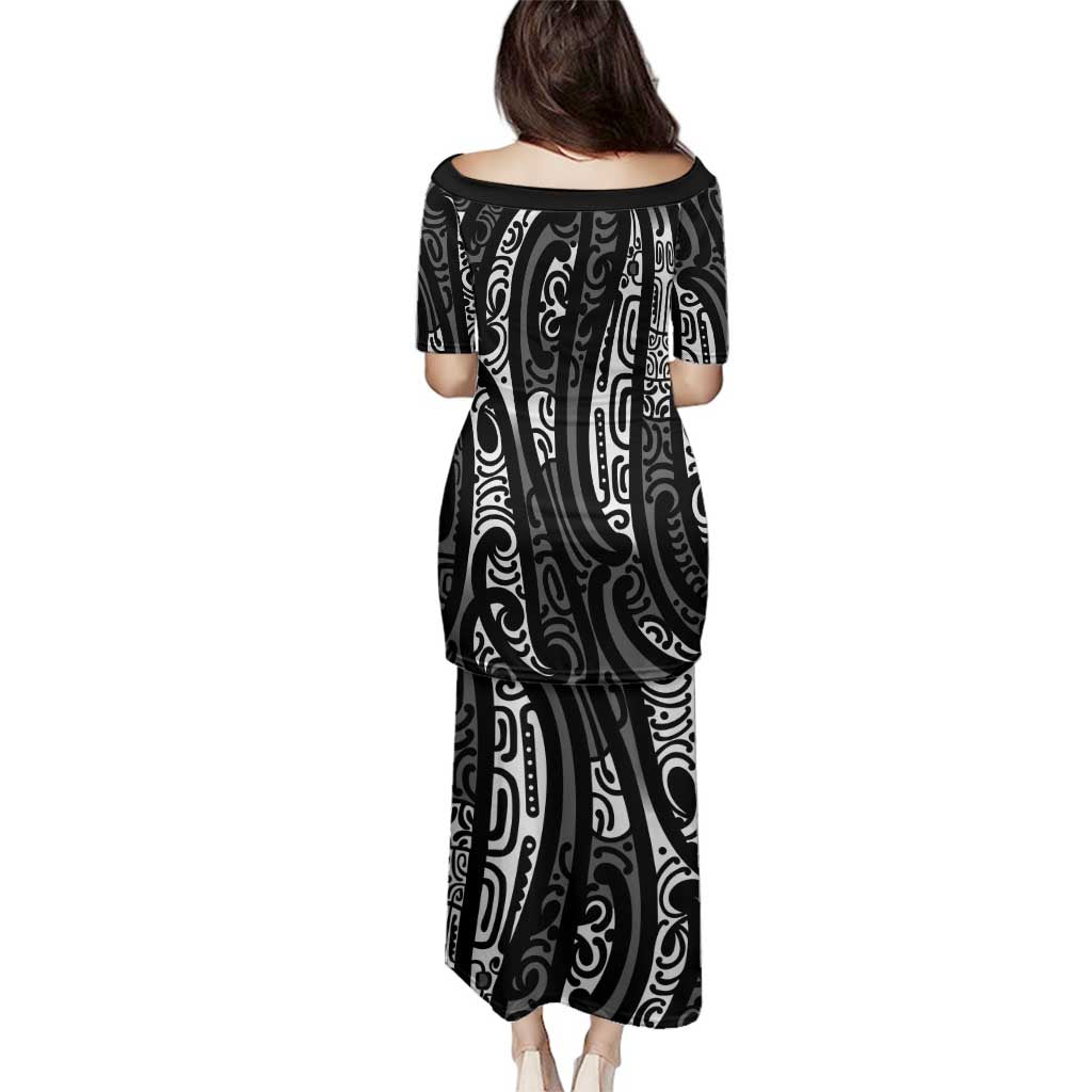 New Zealand Maori Taniko Family Matching Puletasi and Hawaiian Shirt Black Kowhaiwhai Puhoro