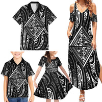 New Zealand Maori Taniko Family Matching Summer Maxi Dress and Hawaiian Shirt Black Kowhaiwhai Puhoro