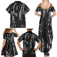 New Zealand Maori Taniko Family Matching Summer Maxi Dress and Hawaiian Shirt Black Kowhaiwhai Puhoro