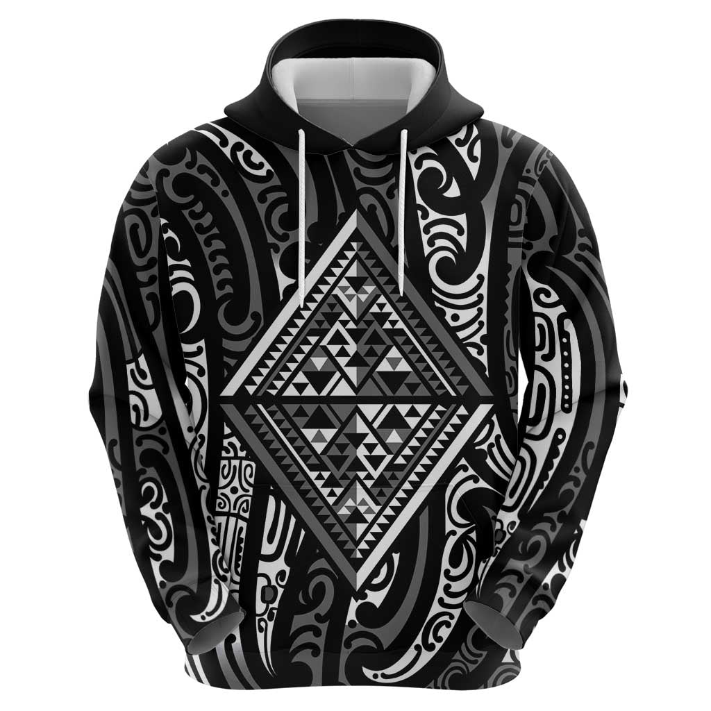 New Zealand Maori Taniko Hoodie Black Kowhaiwhai Puhoro