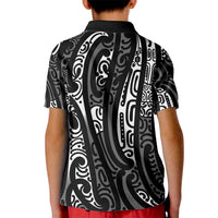 New Zealand Maori Taniko Kid Polo Shirt Black Kowhaiwhai Puhoro