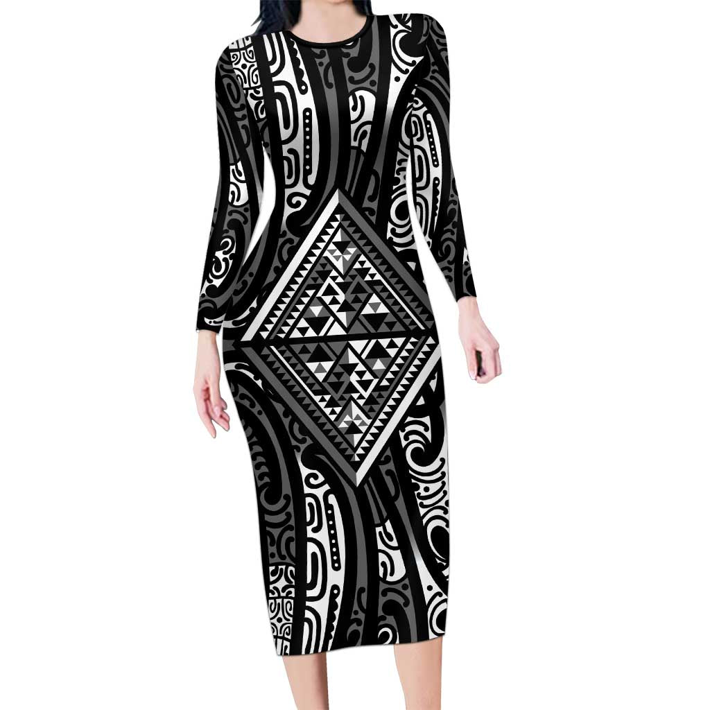New Zealand Maori Taniko Long Sleeve Bodycon Dress Black Kowhaiwhai Puhoro