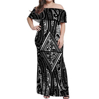 New Zealand Maori Taniko Off Shoulder Maxi Dress Black Kowhaiwhai Puhoro