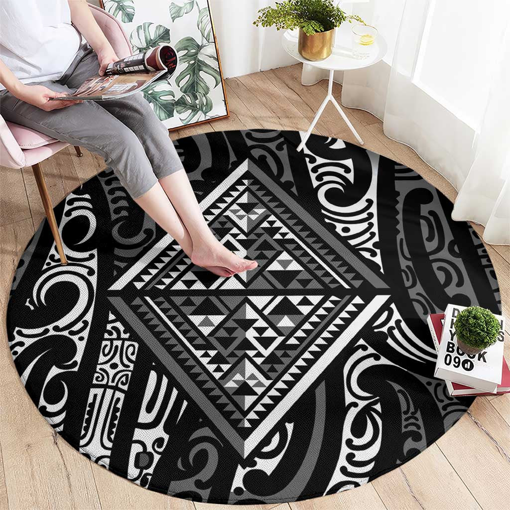 New Zealand Maori Taniko Round Carpet Black Kowhaiwhai Puhoro