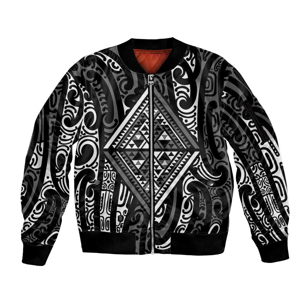New Zealand Maori Taniko Sleeve Zip Bomber Jacket Black Kowhaiwhai Puhoro