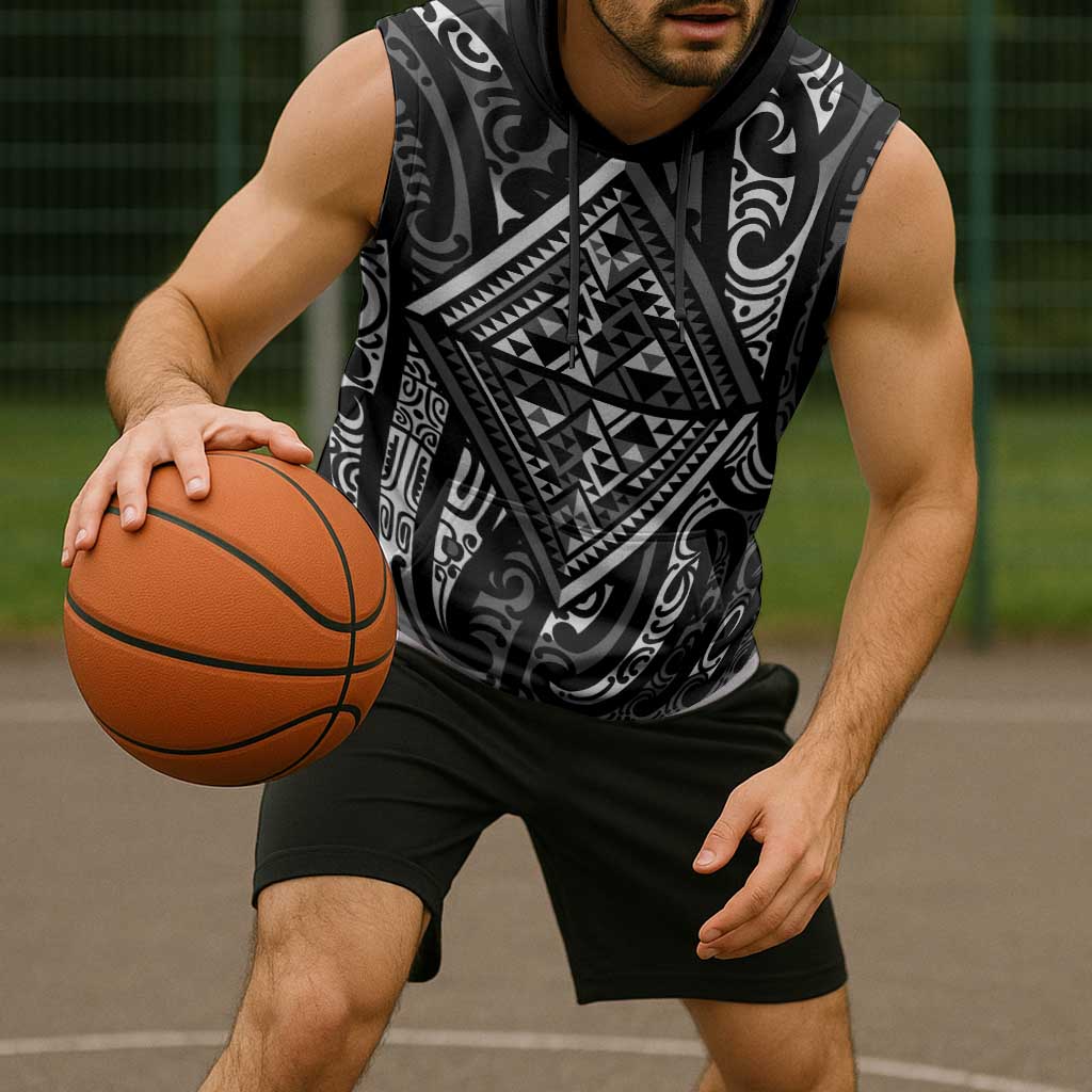 New Zealand Maori Taniko Sleeveless Hoodie Black Kowhaiwhai Puhoro - Polynesian Pride