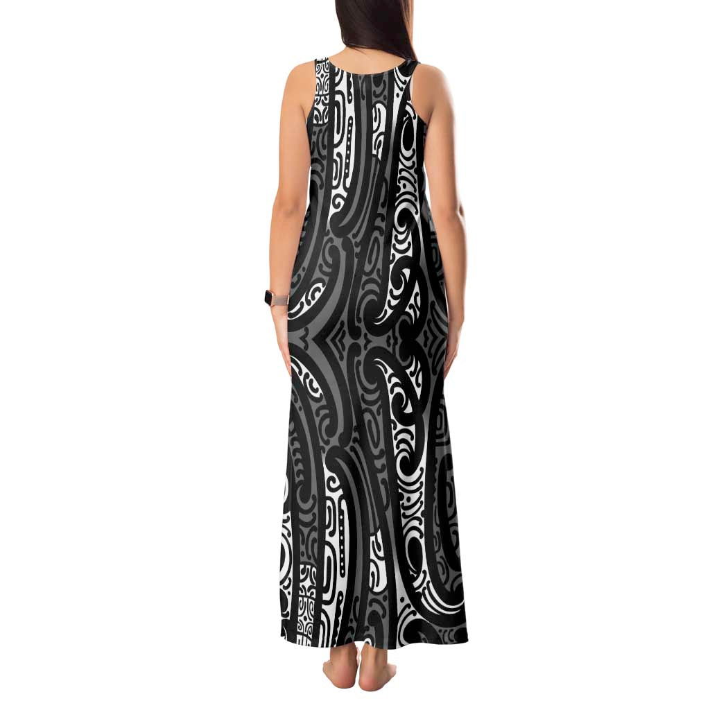 New Zealand Maori Taniko Tank Maxi Dress Black Kowhaiwhai Puhoro
