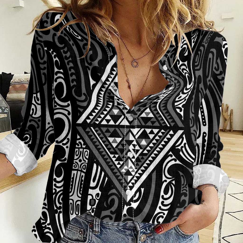 New Zealand Maori Taniko Women Casual Shirt Black Kowhaiwhai Puhoro