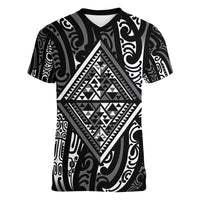 New Zealand Maori Taniko Women V-Neck T-Shirt Black Kowhaiwhai Puhoro