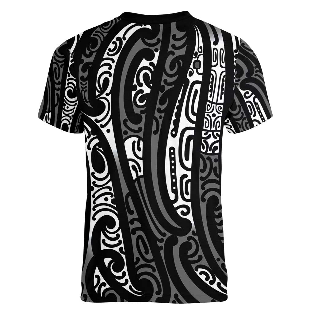 New Zealand Maori Taniko Women V-Neck T-Shirt Black Kowhaiwhai Puhoro