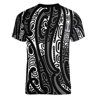 New Zealand Maori Taniko Women V-Neck T-Shirt Black Kowhaiwhai Puhoro