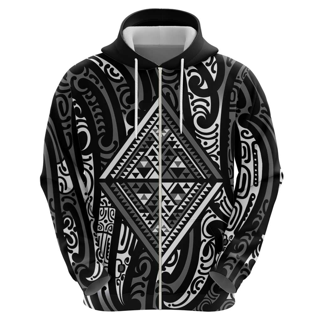 New Zealand Maori Taniko Zip Hoodie Black Kowhaiwhai Puhoro