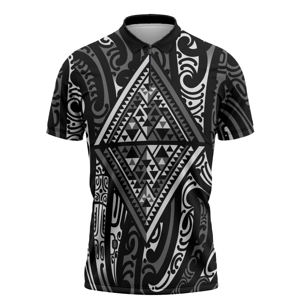 New Zealand Maori Taniko Zipper Polo Shirt Black Kowhaiwhai Puhoro - Polynesian Pride