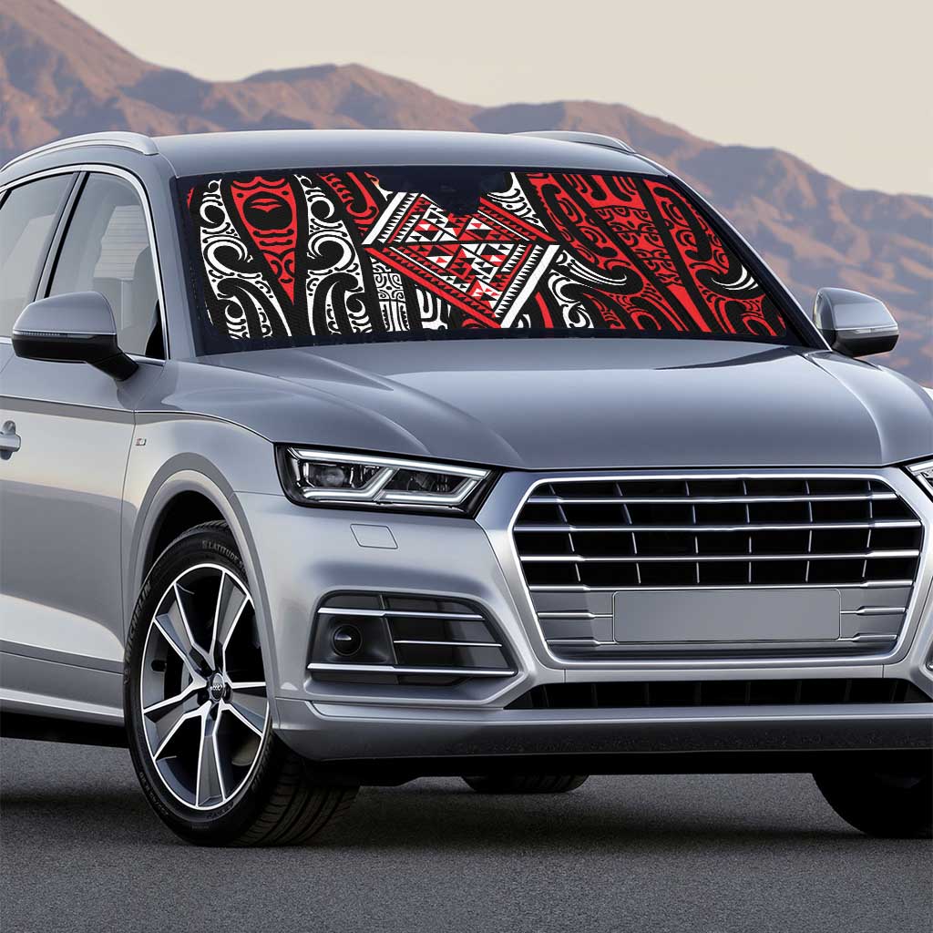 New Zealand Maori Taniko Auto Sun Shade Red Kowhaiwhai Puhoro - Polynesian Pride