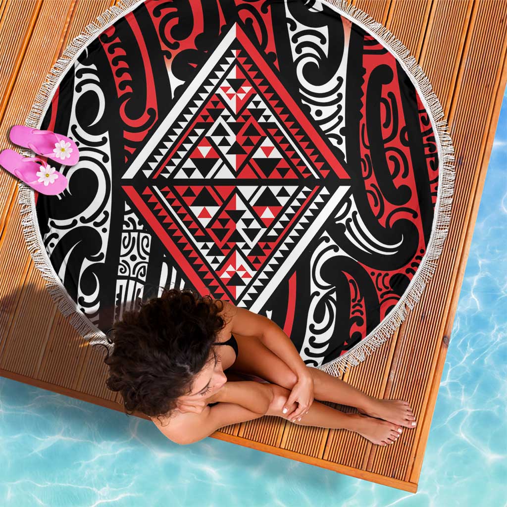 New Zealand Maori Taniko Beach Blanket Red Kowhaiwhai Puhoro