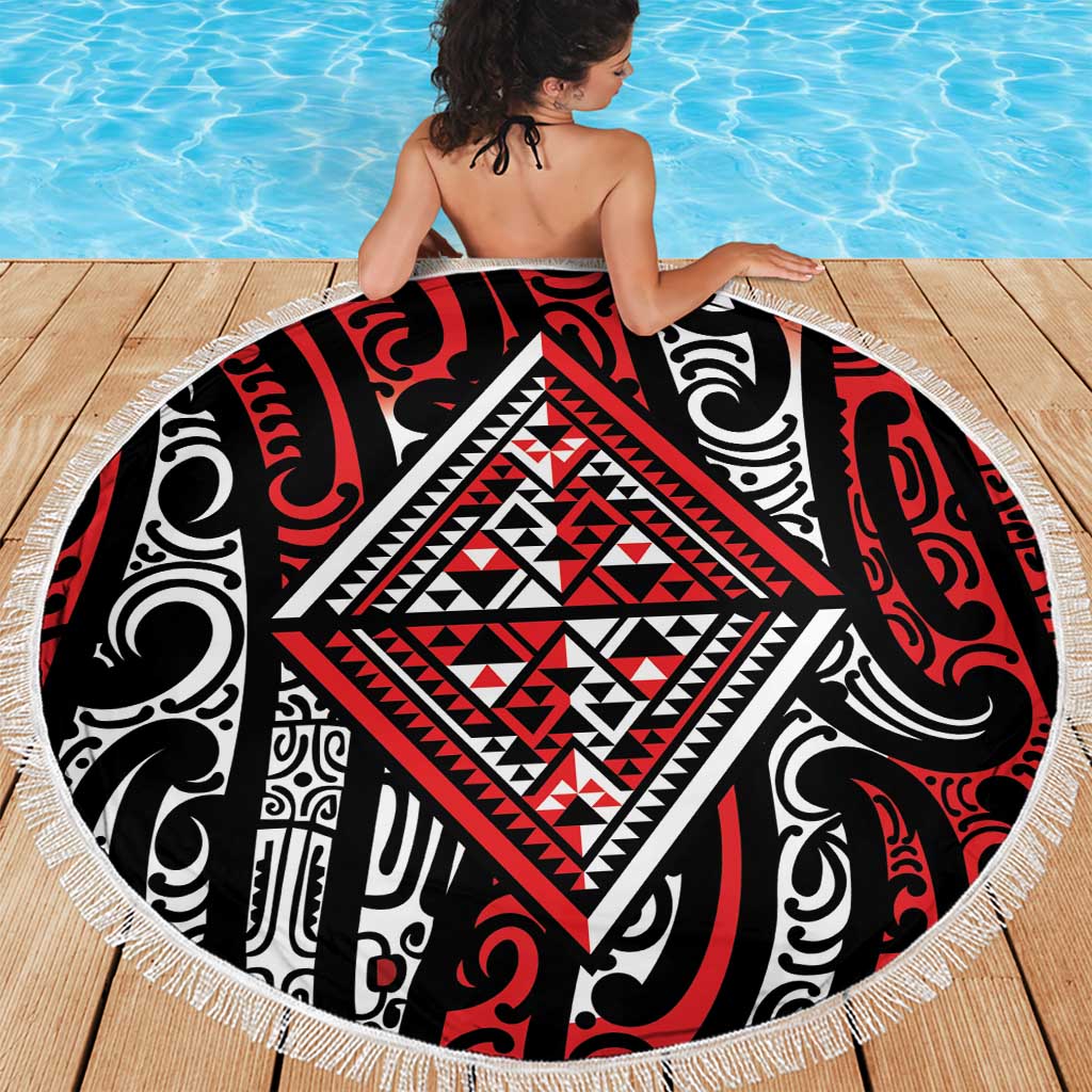 New Zealand Maori Taniko Beach Blanket Red Kowhaiwhai Puhoro
