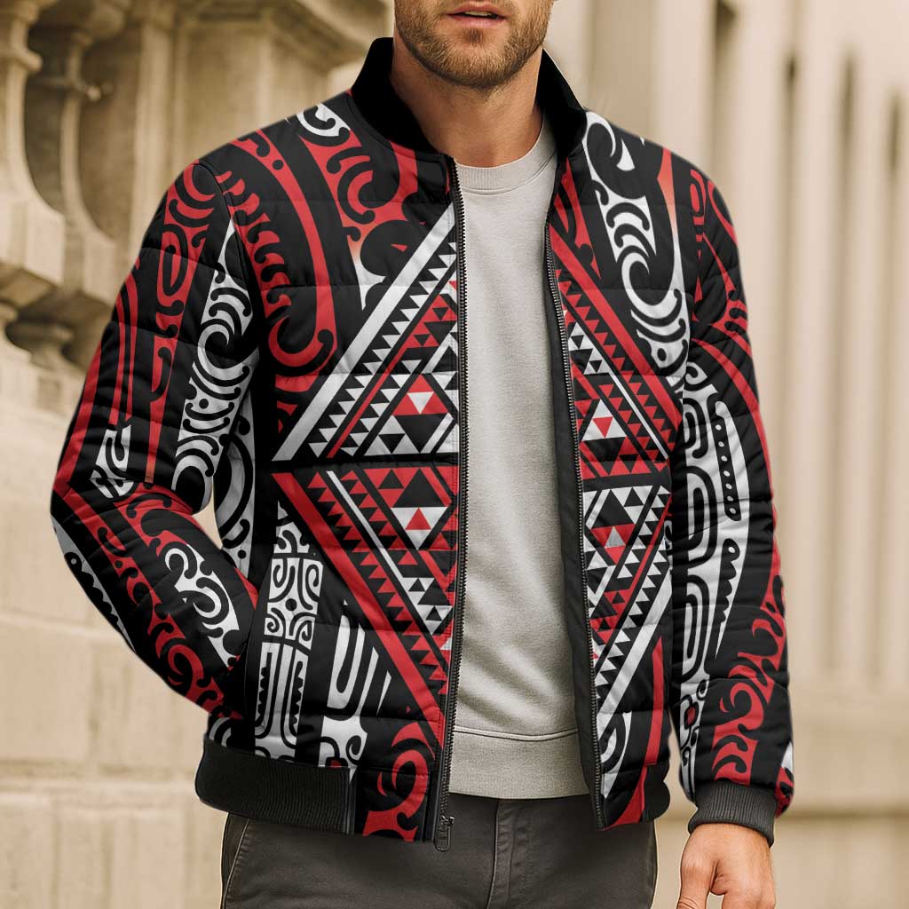New Zealand Maori Taniko Bomber Puffer Jacket Red Kowhaiwhai Puhoro - Polynesian Pride