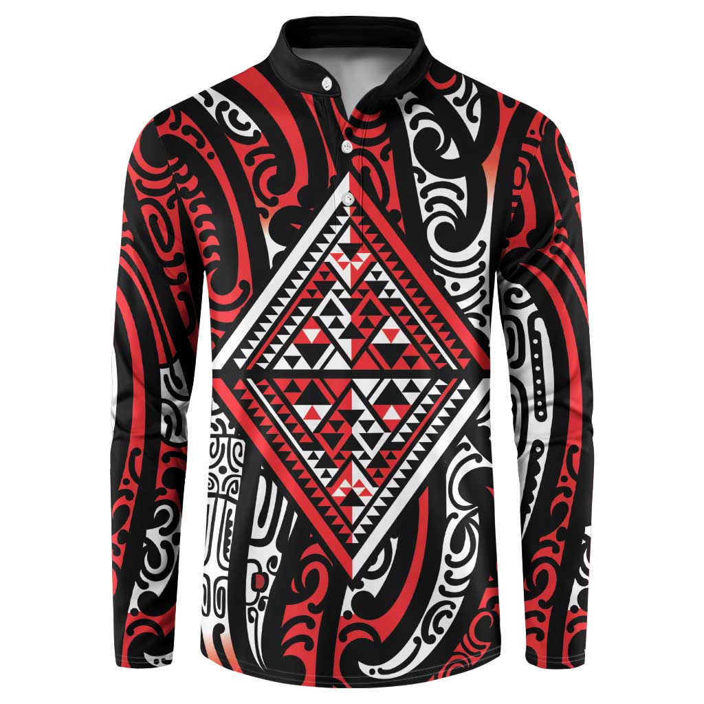 New Zealand Maori Taniko Button Sweatshirt Red Kowhaiwhai Puhoro