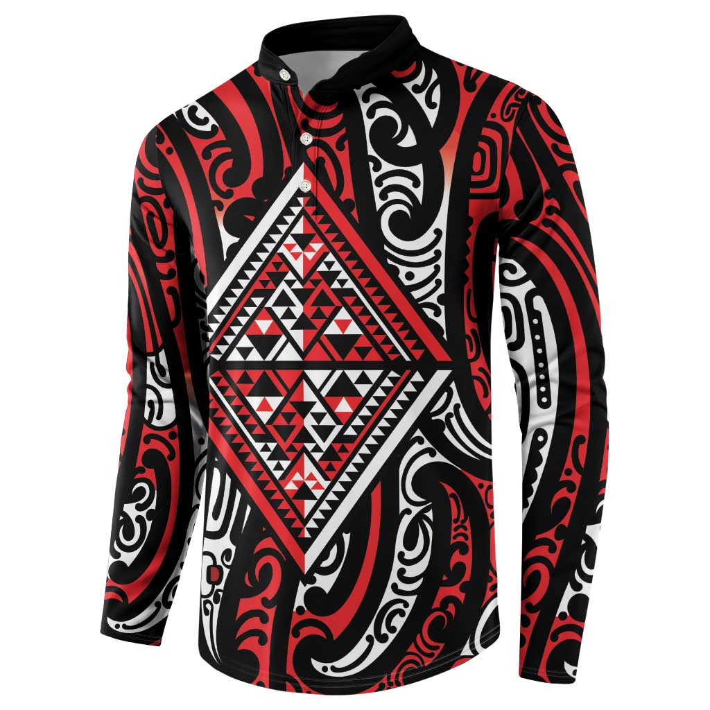 New Zealand Maori Taniko Button Sweatshirt Red Kowhaiwhai Puhoro