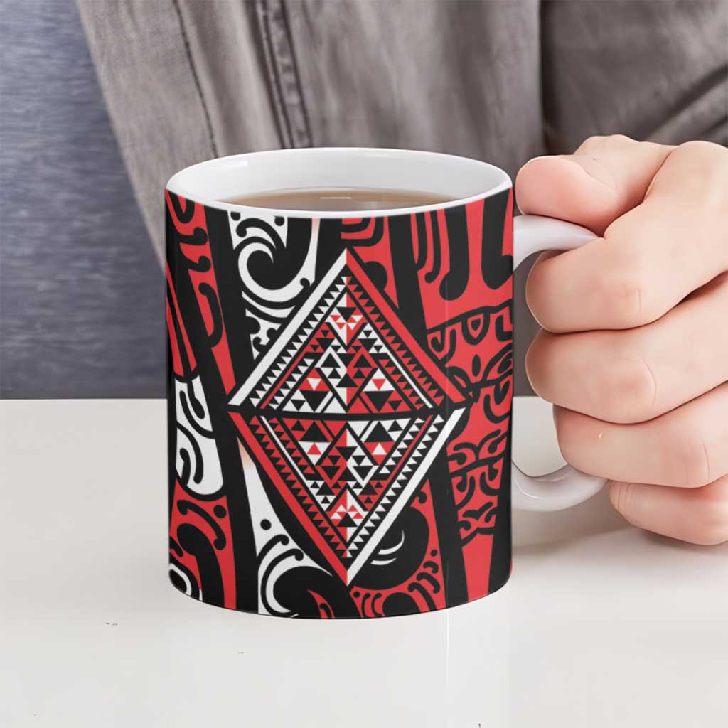 New Zealand Maori Taniko Ceramic Mug Red Kowhaiwhai Puhoro - Polynesian Pride