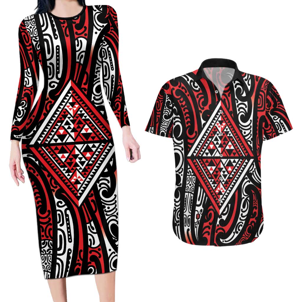 New Zealand Maori Taniko Couples Matching Long Sleeve Bodycon Dress and Hawaiian Shirt Red Kowhaiwhai Puhoro