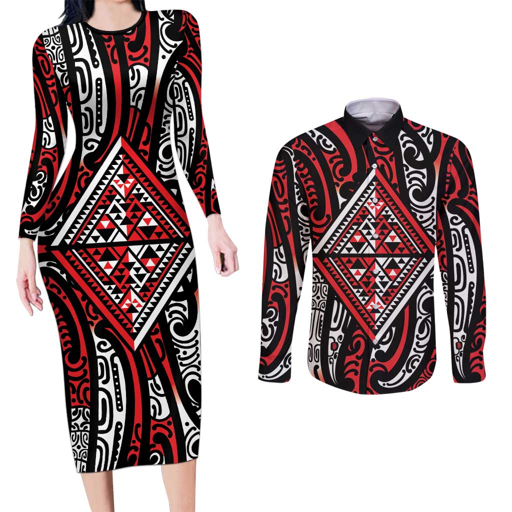 New Zealand Maori Taniko Couples Matching Long Sleeve Bodycon Dress and Long Sleeve Button Shirt Red Kowhaiwhai Puhoro