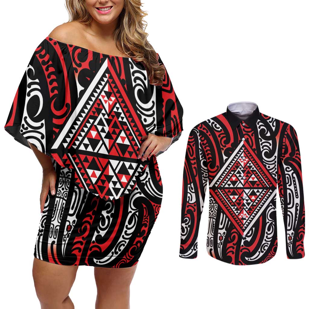 New Zealand Maori Taniko Couples Matching Off Shoulder Short Dress and Long Sleeve Button Shirt Red Kowhaiwhai Puhoro