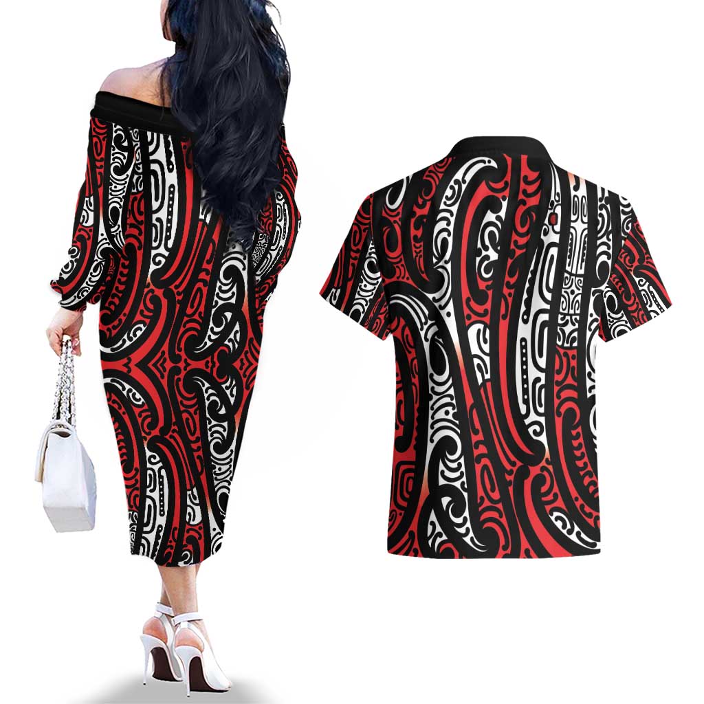 New Zealand Maori Taniko Couples Matching Off The Shoulder Long Sleeve Dress and Hawaiian Shirt Red Kowhaiwhai Puhoro