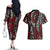 New Zealand Maori Taniko Couples Matching Off The Shoulder Long Sleeve Dress and Hawaiian Shirt Red Kowhaiwhai Puhoro