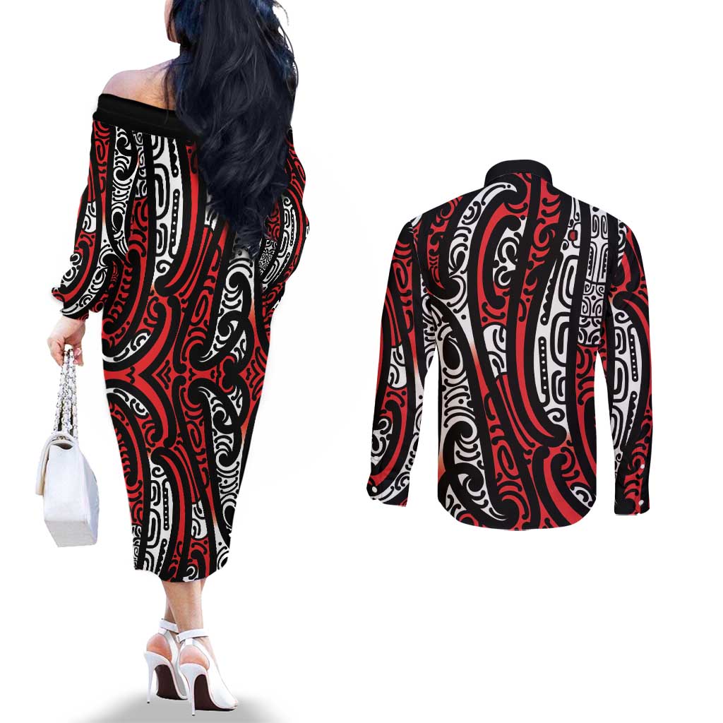 New Zealand Maori Taniko Couples Matching Off The Shoulder Long Sleeve Dress and Long Sleeve Button Shirt Red Kowhaiwhai Puhoro