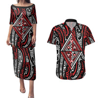 New Zealand Maori Taniko Couples Matching Puletasi and Hawaiian Shirt Red Kowhaiwhai Puhoro