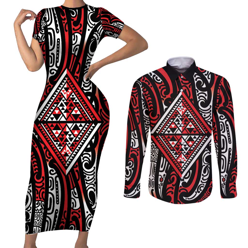 New Zealand Maori Taniko Couples Matching Short Sleeve Bodycon Dress and Long Sleeve Button Shirt Red Kowhaiwhai Puhoro