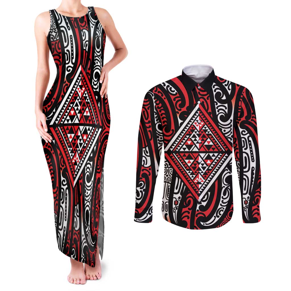 New Zealand Maori Taniko Couples Matching Tank Maxi Dress and Long Sleeve Button Shirt Red Kowhaiwhai Puhoro