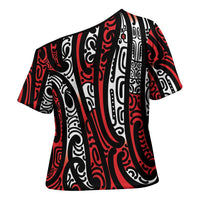 New Zealand Maori Taniko Cross Shoulder Shirt Red Kowhaiwhai Puhoro - Polynesian Pride