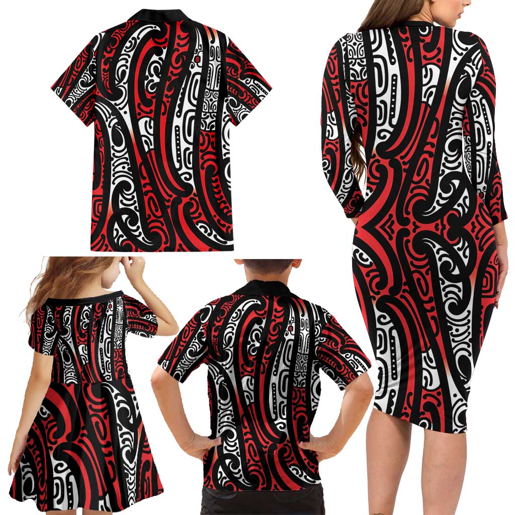 New Zealand Maori Taniko Family Matching Long Sleeve Bodycon Dress and Hawaiian Shirt Red Kowhaiwhai Puhoro