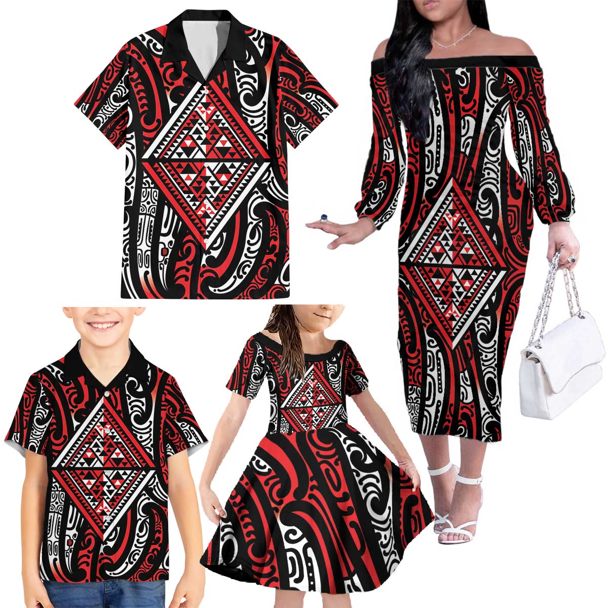 New Zealand Maori Taniko Family Matching Off The Shoulder Long Sleeve Dress and Hawaiian Shirt Red Kowhaiwhai Puhoro