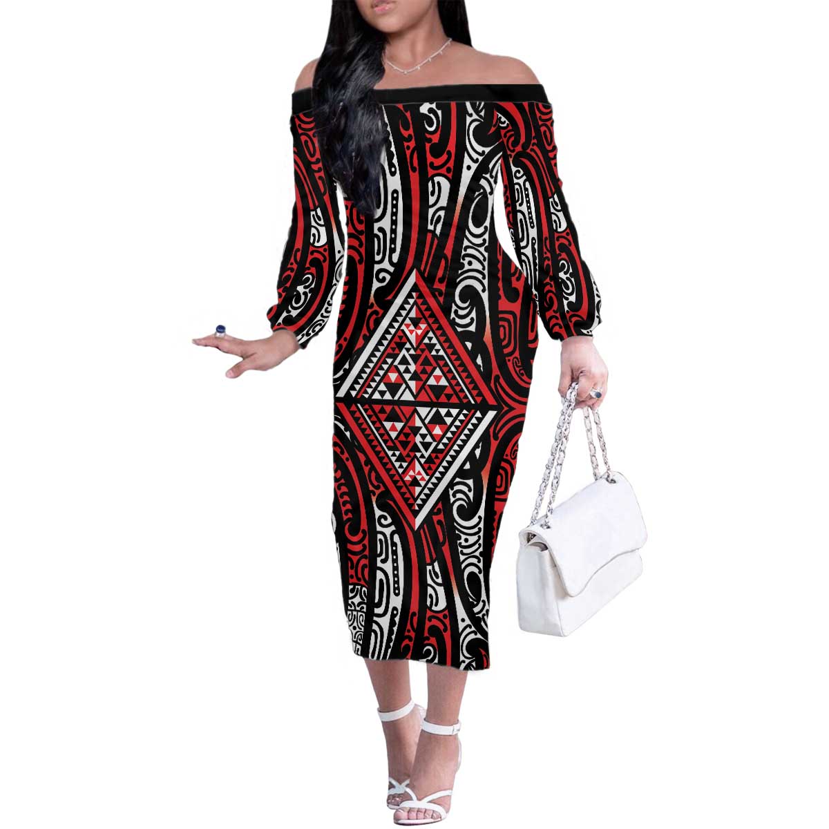 New Zealand Maori Taniko Family Matching Off The Shoulder Long Sleeve Dress and Hawaiian Shirt Red Kowhaiwhai Puhoro