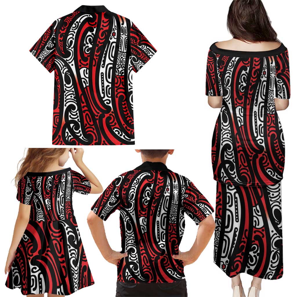 New Zealand Maori Taniko Family Matching Puletasi and Hawaiian Shirt Red Kowhaiwhai Puhoro
