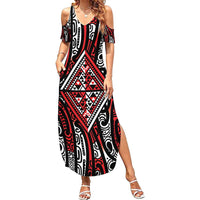 New Zealand Maori Taniko Family Matching Summer Maxi Dress and Hawaiian Shirt Red Kowhaiwhai Puhoro