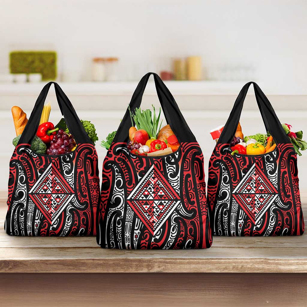 New Zealand Maori Taniko Grocery Bag Red Kowhaiwhai Puhoro LT9 3-pack One Size Red - Polynesian Pride