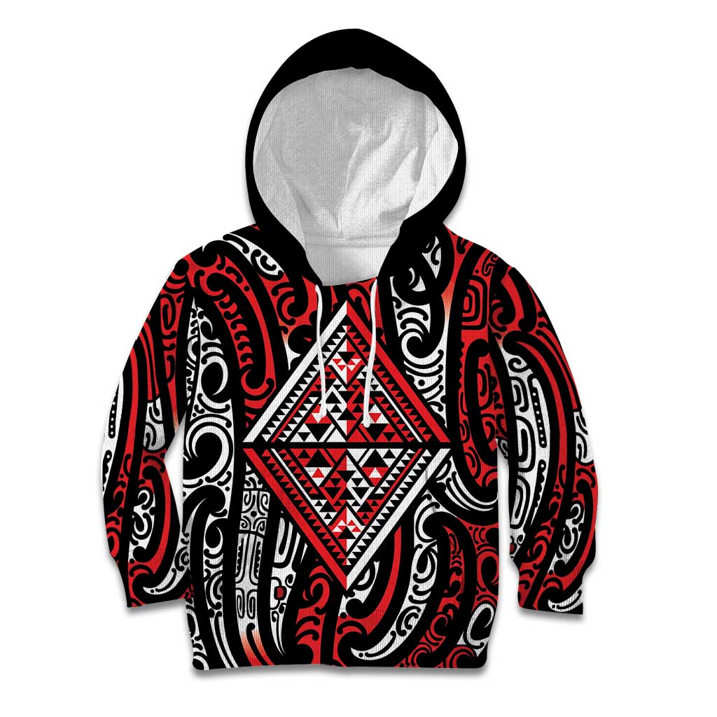 New Zealand Maori Taniko Kid Hoodie Red Kowhaiwhai Puhoro