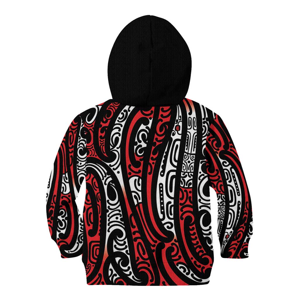 New Zealand Maori Taniko Kid Hoodie Red Kowhaiwhai Puhoro