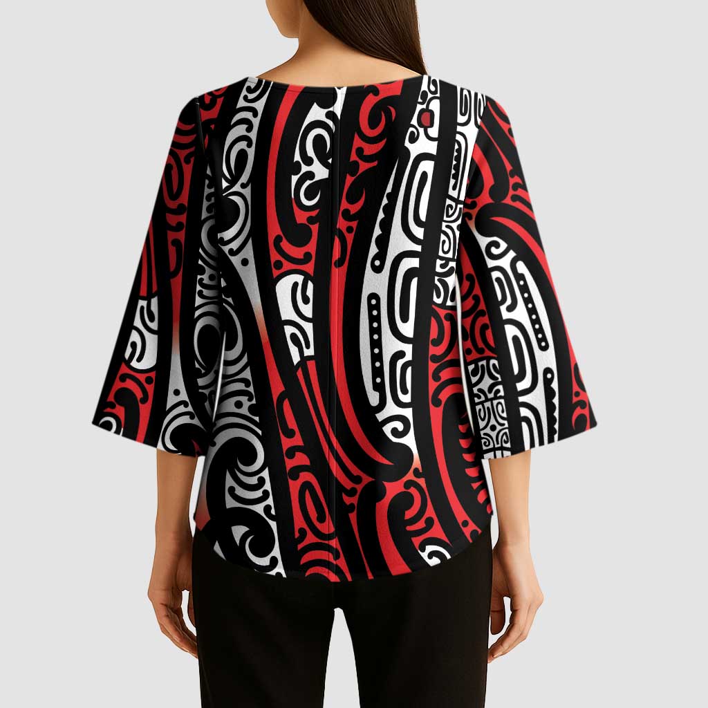 New Zealand Maori Taniko Kimono Sleeve Blouse Red Kowhaiwhai Puhoro - Polynesian Pride