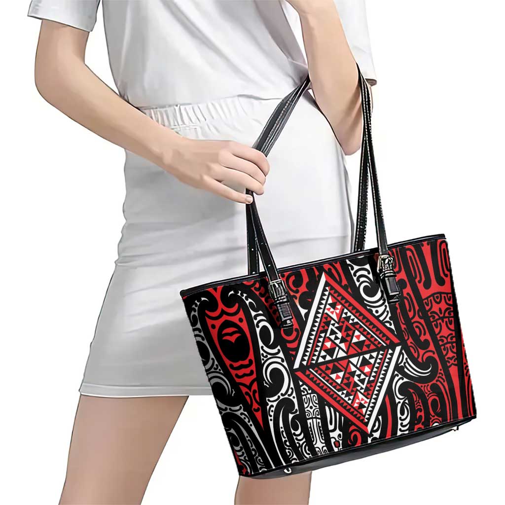 New Zealand Maori Taniko Leather Tote Bag Red Kowhaiwhai Puhoro LT9 - Polynesian Pride