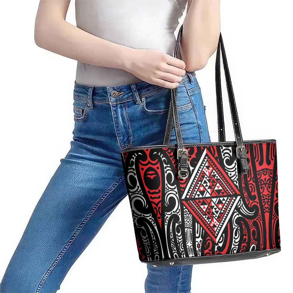 New Zealand Maori Taniko Leather Tote Bag Red Kowhaiwhai Puhoro LT9 - Polynesian Pride